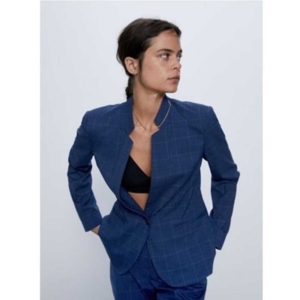Zara Blue Glen Check Plaid Single Button Blazer Jacket Stand Collar NWT
